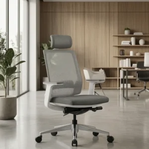 VIX-A-BS High Back Ergonomic Chair - White Frame Grey Mesh and Fabric