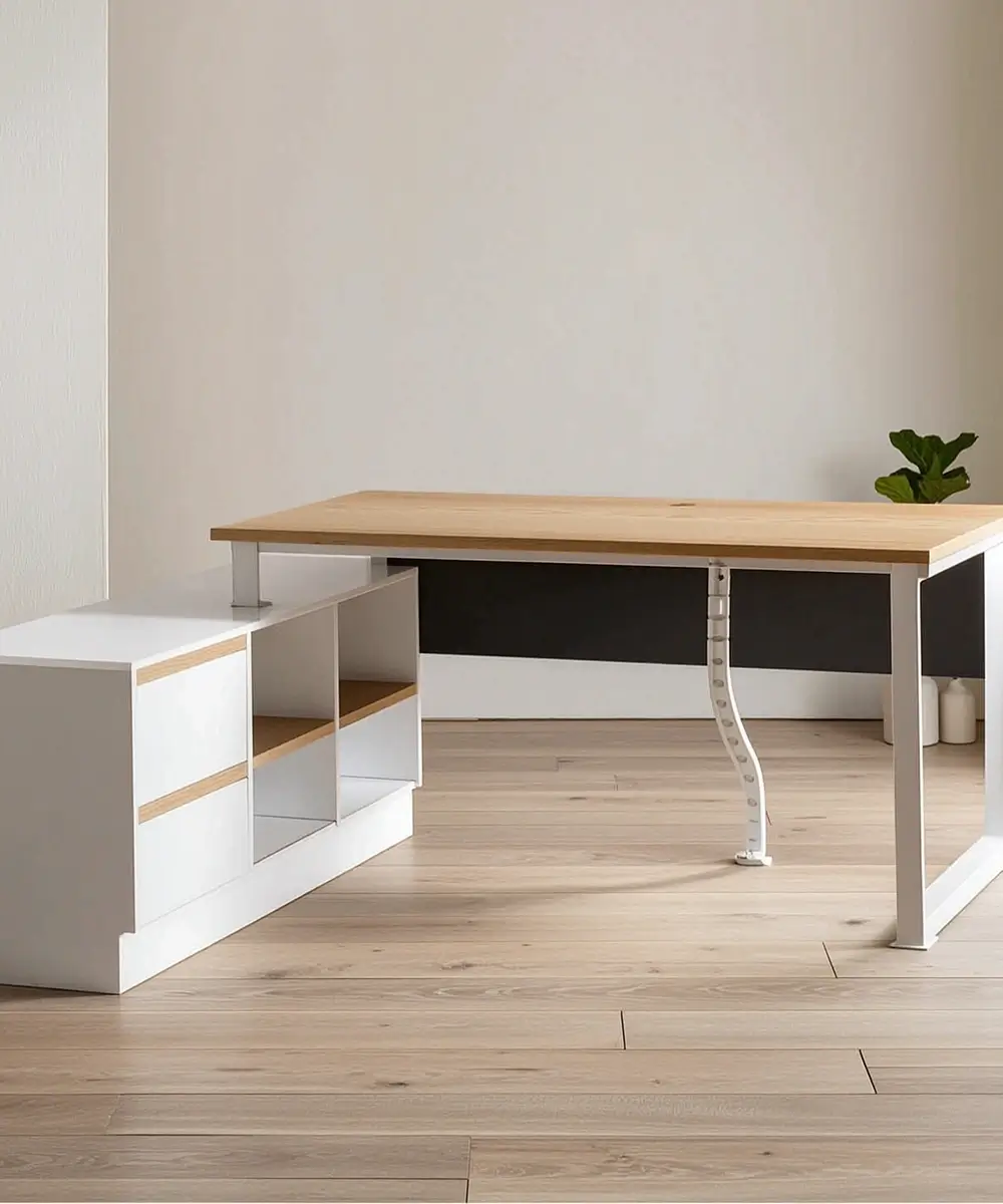 L-Shape Office Desk Dubai - Inclined Loop Legs, Return Cabinet, Modesty Panel and Cable Management