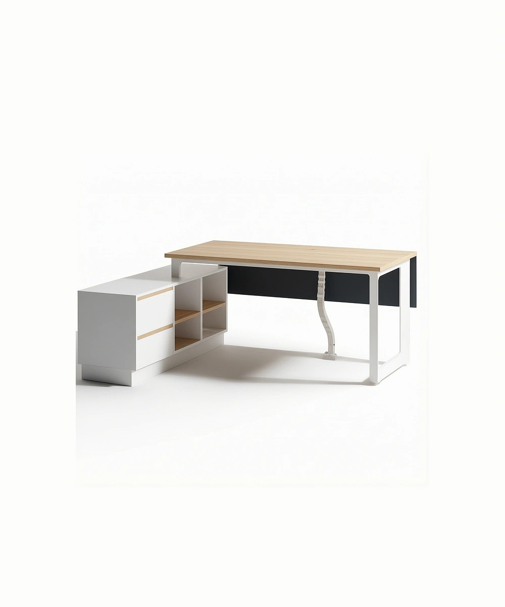 24MM TOP RECTANGULAR TABLE WITH INCLINED LOOP LEGS WITH RETURN CABINET DESK L-shape office desk