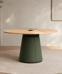 Circular Table with Power Socket - 24mm Plywood Birch Laminate Top, Upholstered Base