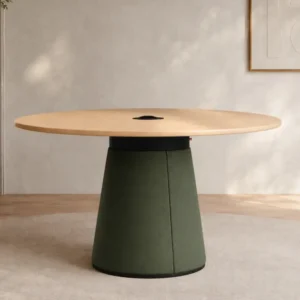 Circular Table with Power Socket - 24mm Plywood Birch Laminate Top, Upholstered Base