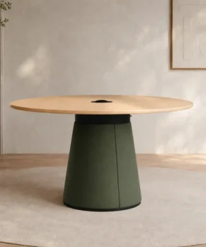 Round Table with Power Socket, Plywood Birch Laminate Top, Upholstered Base
