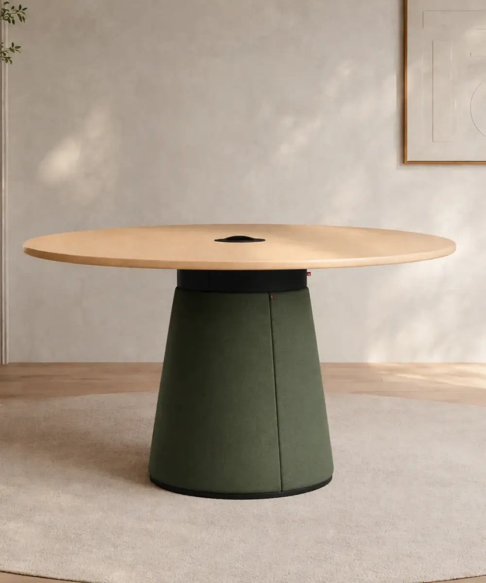 Circular Table with Power Socket - 24mm Plywood Birch Laminate Top, Upholstered Base